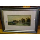 19c English naive school, framed watercolour of a panoramic landscape of 2 people in a canoe