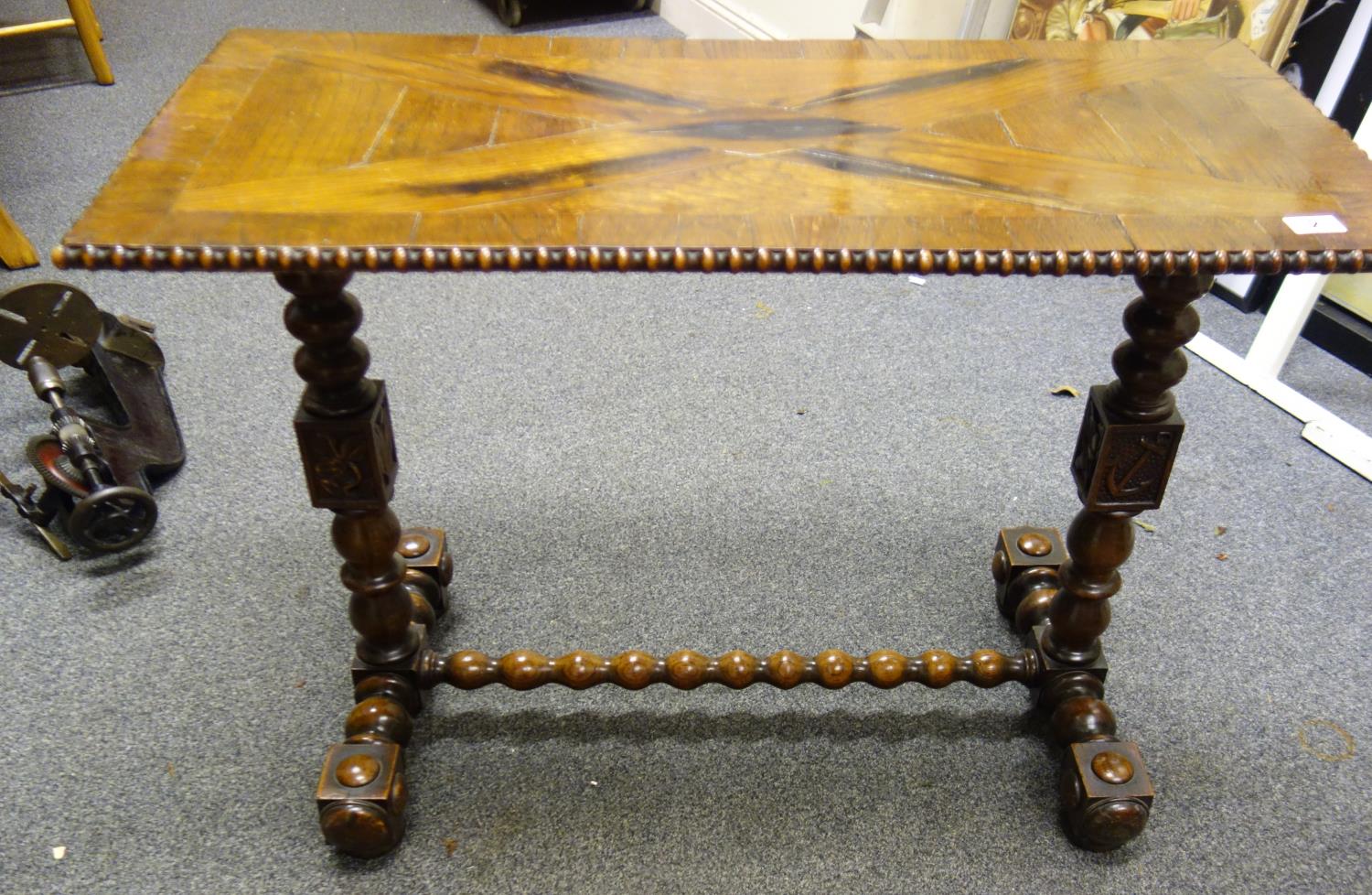 Nautical influenced 19th century sofa table with Marquerty design top above 2 columns each centre - Image 3 of 8