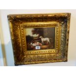 2 x reproduction gilt framed pictures 1 depicting Birds the other depicting Dogs and 1 other similar