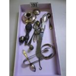 Silver h/m items including boot lacer, cheese knife, damaged ink well and lid and various other