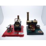 Mamod 2 small live Steam Engines, 1 on a green mount, 6" x 4" one on a Meccano Red Mount 8" x 6"