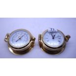 Ships clock in brass case, a modern battery operated version with alarm attachment, original box and