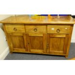Arts & Crafts period sideboard with a marquetry and inlaid top, comprising triangles, rectangles and