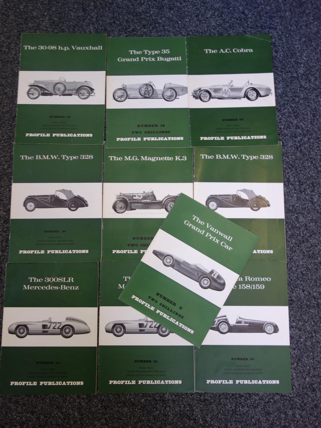 10 x copies of Profile Publications for Sports cars including Mercedes 300 SLR, type 35 Bugatti, and