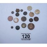 A collection of old English farthings including fractions of a a farthing