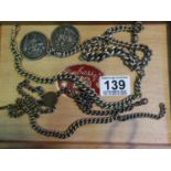 4 x silver or silver coloured pocket watch chains, one has 2 x Victorian Crowns attached 1889, 242
