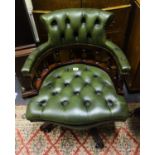 Green leather reproduction button backed swivel office chair, est 70-100