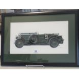 Framed and glazed watercolour of a British Vintage Racing Car probably a Bentley signed Martin