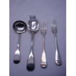 Pair of silver Hallmarked 19 th century serving forks, a 19 th century serving spoon and a 19 th
