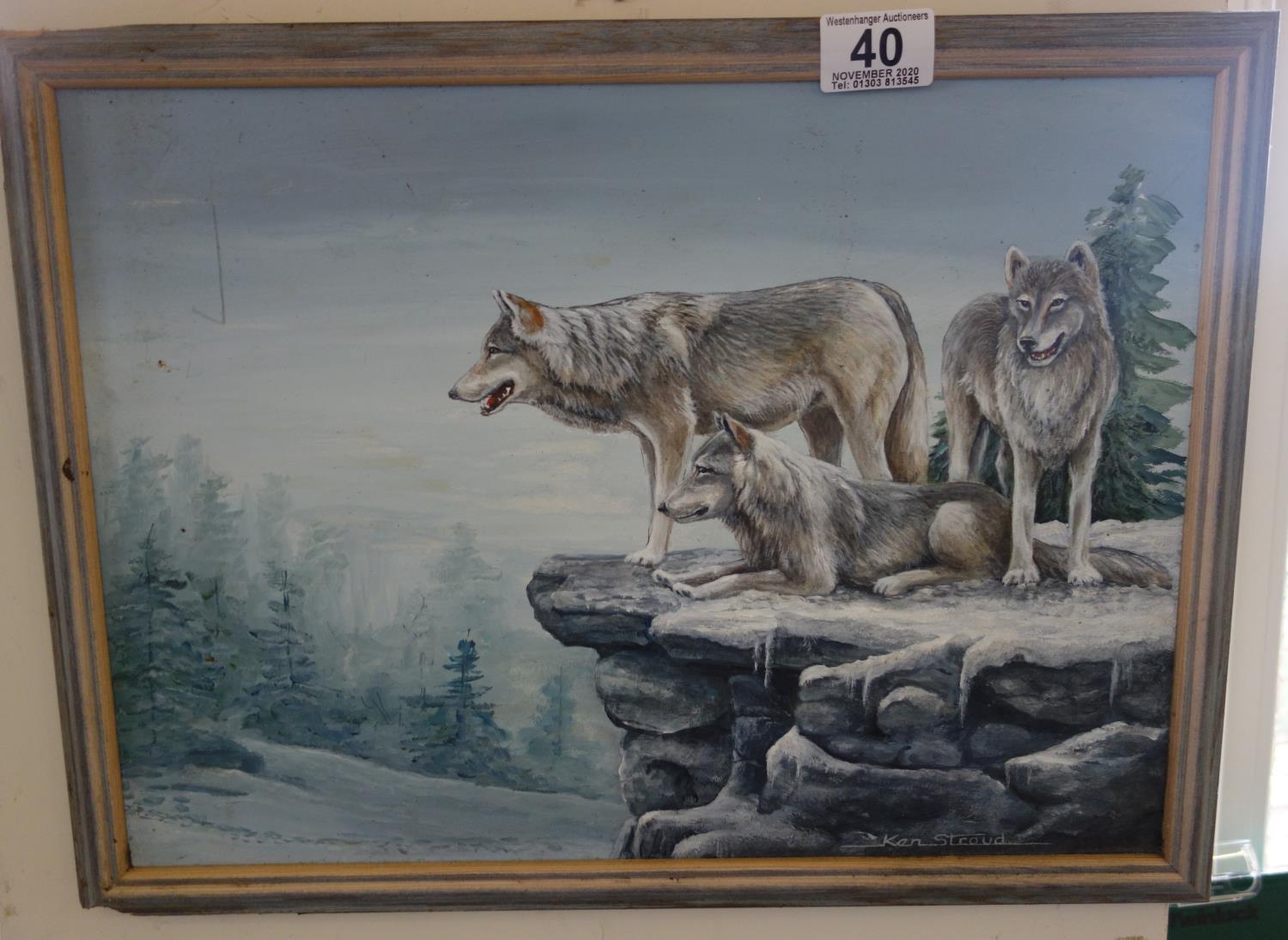 Framed oil on board, entitled Waiting Wolves by Ken Stroud, purchased from Nevill Gallery, 3 x