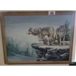 Framed oil on board, entitled Waiting Wolves by Ken Stroud, purchased from Nevill Gallery, 3 x