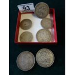 5 x assorted Vintage silver coins and 2 x Victorian Crowns, both dated 1889 with Cornet head dress