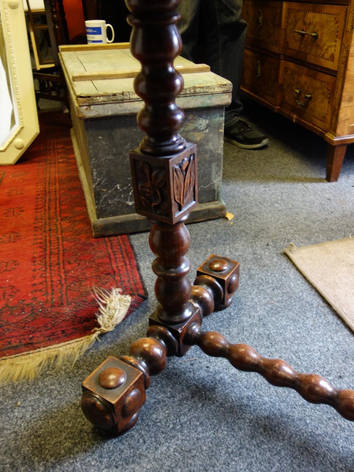 Nautical influenced 19th century sofa table with Marquerty design top above 2 columns each centre - Image 2 of 3
