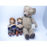 Old Teddy Bear and 2 x Vintage Hedgehog dolls
