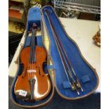 Violin, makers Paul Beusher and dated 1934,wooden carrying case with 2 x bows 21 inches long