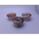 Pratt ware pot lids x 3, each one with their base, titles include The Enthusiast, Hide and Seek,