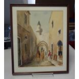 4 x similar Moroccan watercolours depicting town scenes with figures and buildings, signed bottom