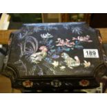 Delicate 19c paper mache box and lid decorated with Mother of Pearl highlights of Birds, Trees and
