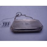 Silver Hallmarked Ladies evening purse 100 grams, engine turned front with former owner inscription,