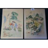 3 x Japanese paintings on silk, each depicting figures of Females, Village Life and Mountainous