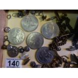 Selection of items including coins, cuff links and chains, an a silver plated hip flask,