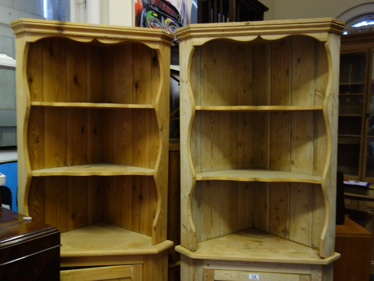 2 x similar stripped pine corner units each on 6' tall containing 3 shelves to the top section above - Image 4 of 4