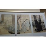 Japanese watercolours on paper, depicting village scenes with figures and interior scenes, each