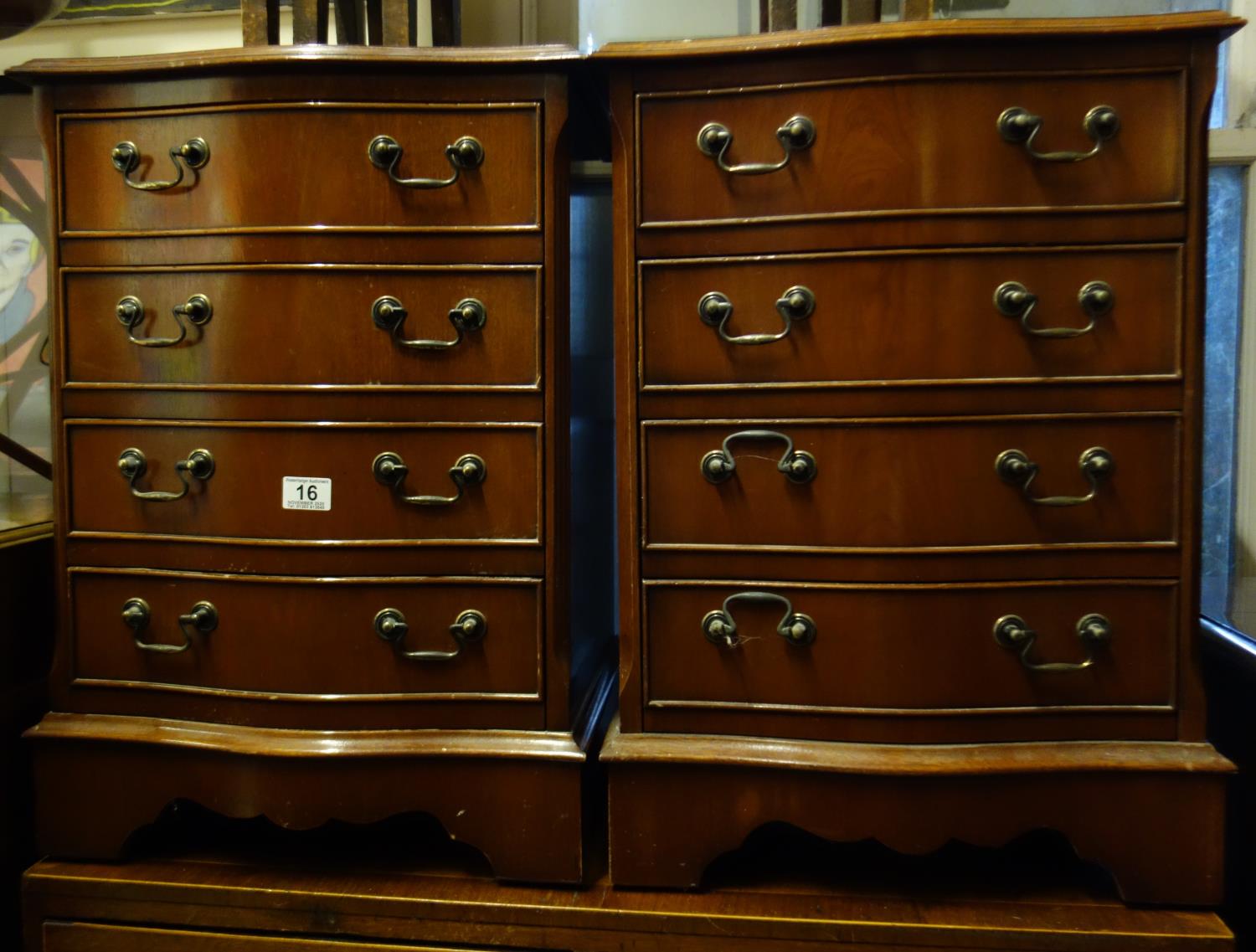 2 x similar Georgian style serpentine fronted bedside units each one containing 4 small drawers, 20"