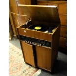 Dynatron, complex stereo system radio hi fi system, on a raised record storage area, teak body,