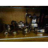 Silver plated tea set, comprising 4 items, silver plated cruet set comprising 3 items and a