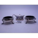3 x items silver Hallmarked cruet comprising mustard pot and lid with blue glass liner, salt and