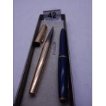 Parker GOLD coloured Fountain pen, made in USA, and a Parker Navy blue Slim fold, with 14ct GOLD