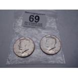 2 American half Dollar silver coins, 1968 collectors condition