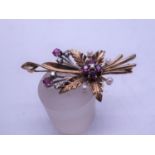 Vintage c1940's 9ct GOLD flower brooch, set with DIAMOND ruby and seed pearls, 2" long 3/4" wide 7.2
