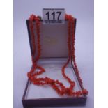 Vintage coral bead necklace 30" long united by a 9ct gold clasp, 33 grams