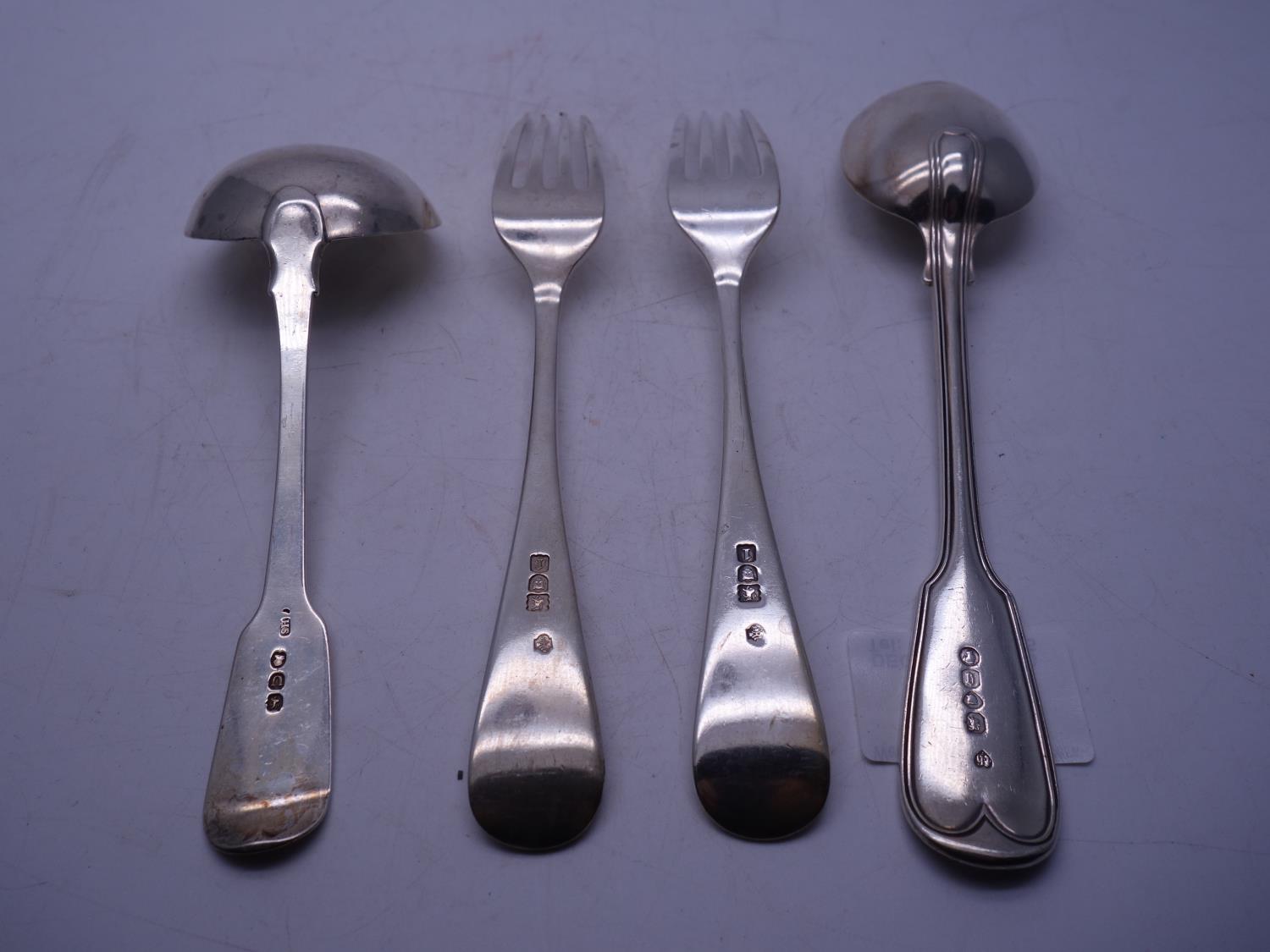 Pair of silver h/m 19c serving forks, a 19c serving spoon and a 19c silver h/m ladle, 300 grams - Image 2 of 2