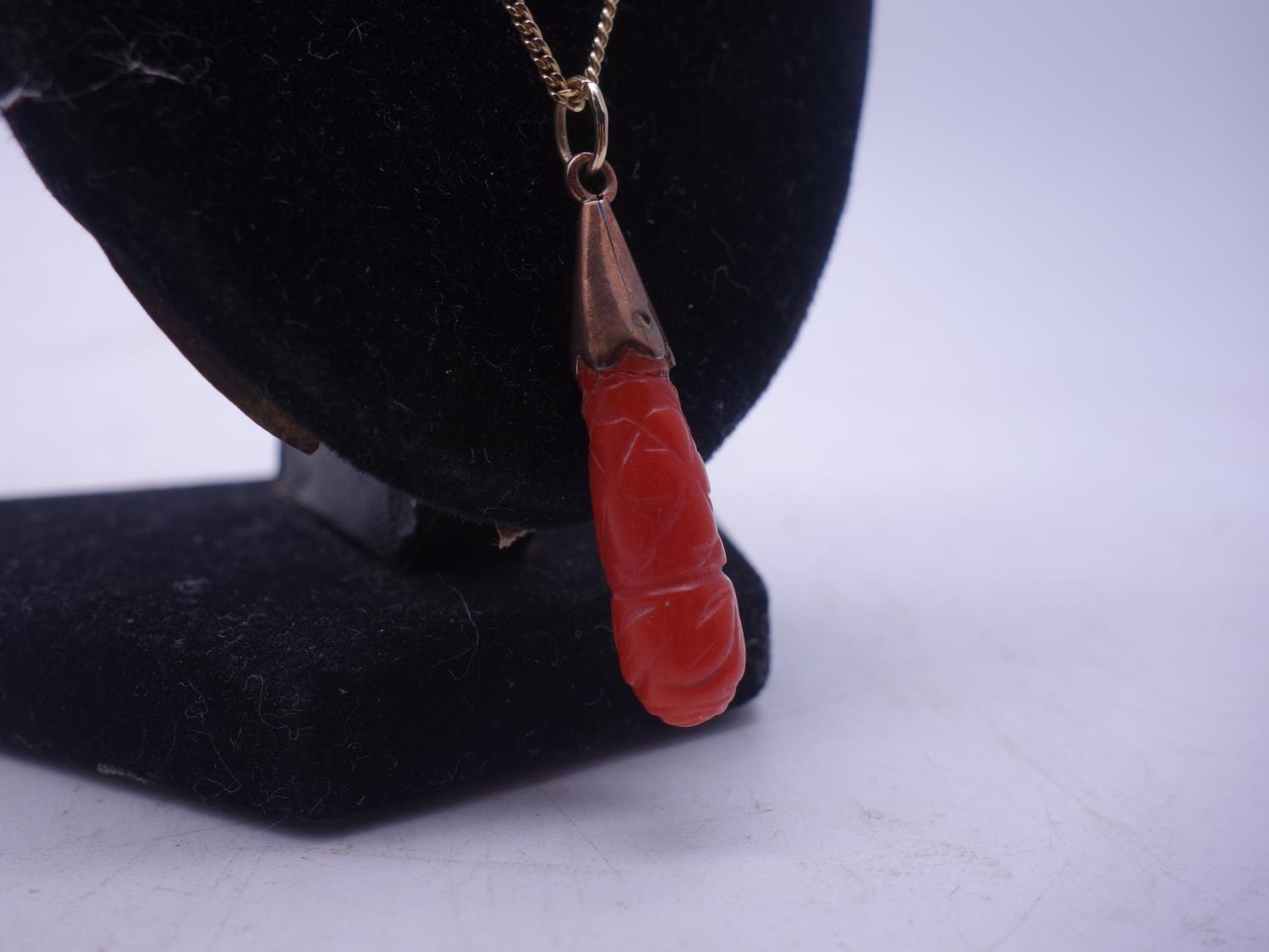 9ct GOLD chain with 9ct GOLD highlighted pendant of carved coral, 5.2 grams, - Image 2 of 2