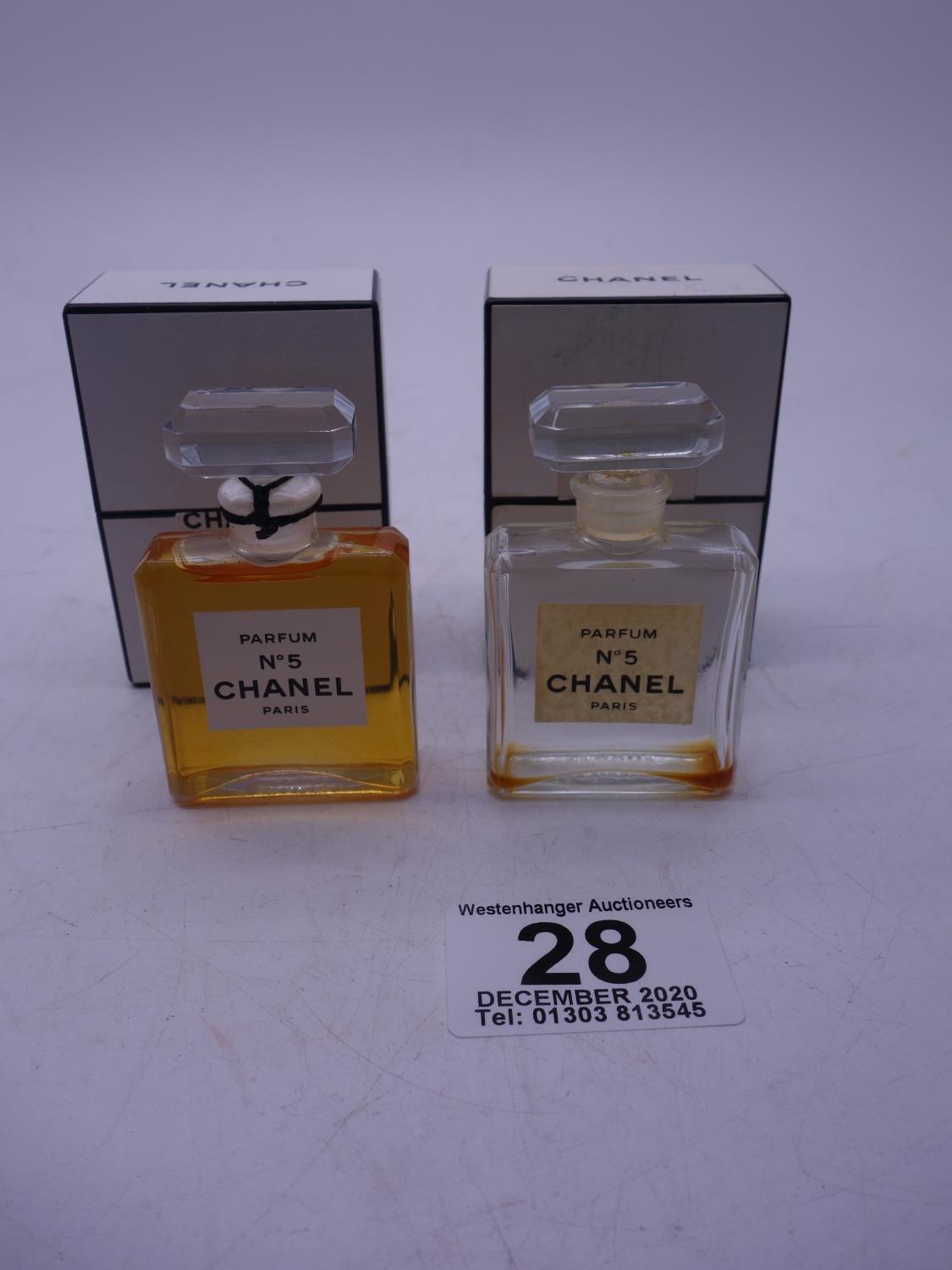 Chanel No.5 vintage un-opened perfume bottle and one other similar size opened bottle,