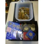 Box of various English commemorative coins, and a plastic tray of assorted old coins,