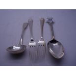 Pair of silver h/m 19c serving forks, a 19c serving spoon and a 19c silver h/m ladle, 300 grams