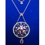 EDWARDIAN period 9ct GOLD necklace and pendant, the pendant set with Amethyst stones, the centre