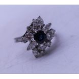 Stunning Ladies Vintage Sapphire and DIAMOND cluster ring, on white 18ct GOLD shank.size L