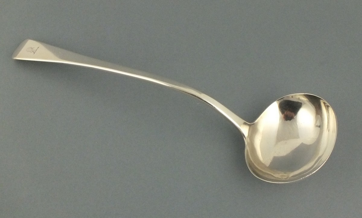 A George IV silver Old English pattern soup ladle, London 1825, William Summer, engraved with a