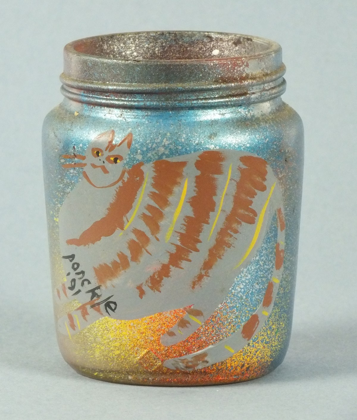 Ponckle FLETCHER (British 1934-2012) Grey Cat, Oil on jam jar, Signed and dated '91 lower left,