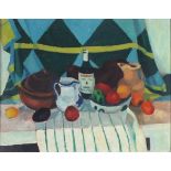 Horas KENNEDY (British 1917 - 1997) Still Life of Fruit and Wine on a Stripped Cloth, Oil on