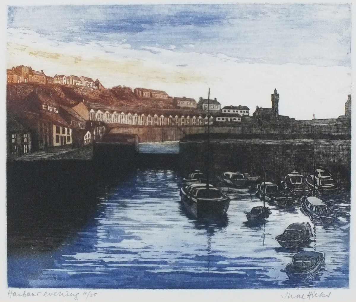 June HICKS (British b.1935) Harbour Evening, Etching, Inscribed and numbered 4/25 lower left, Signed