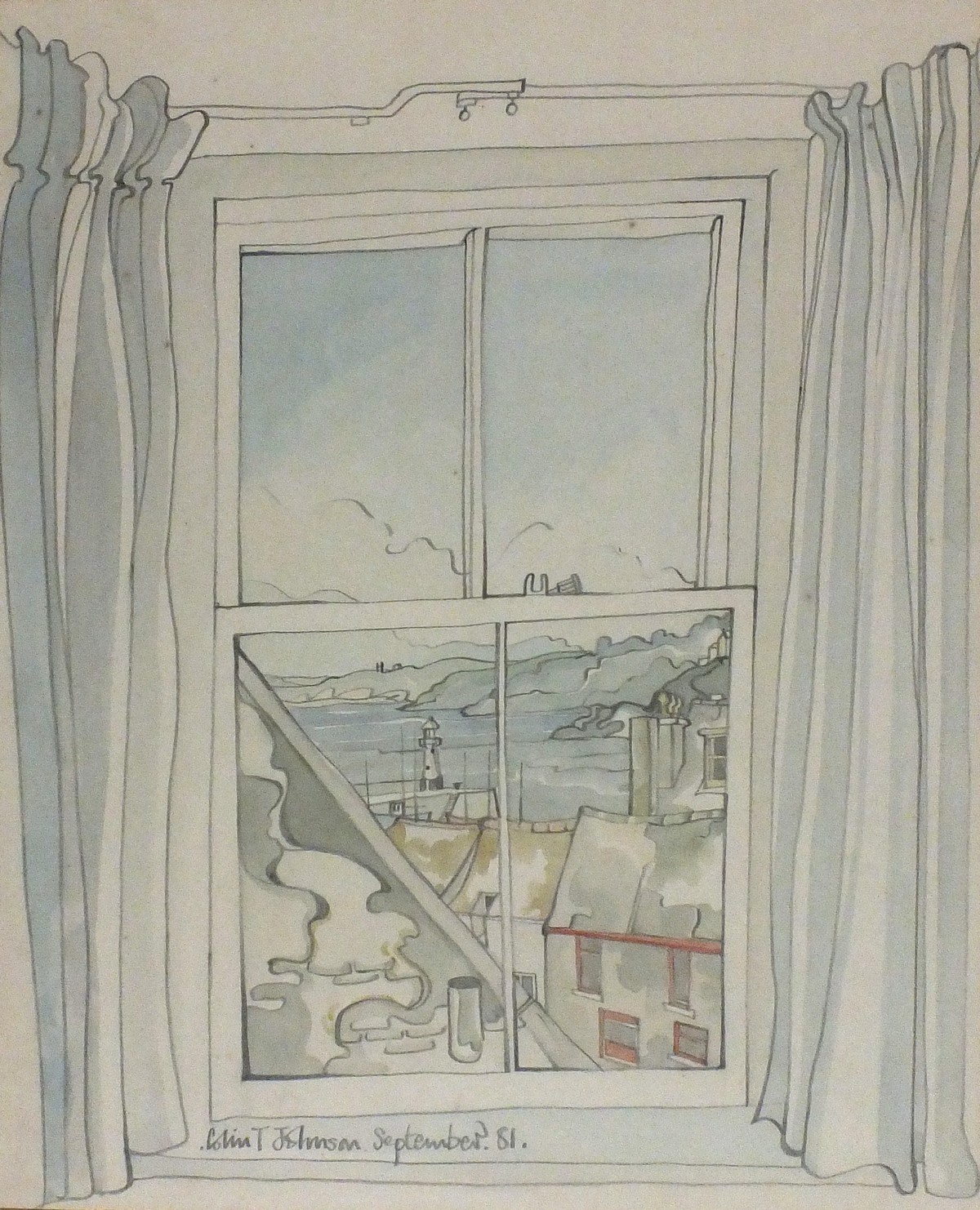 Colin T. JOHNSON (British 1942-2017) View of St Ives Through a Window, Watercolour and pencil,