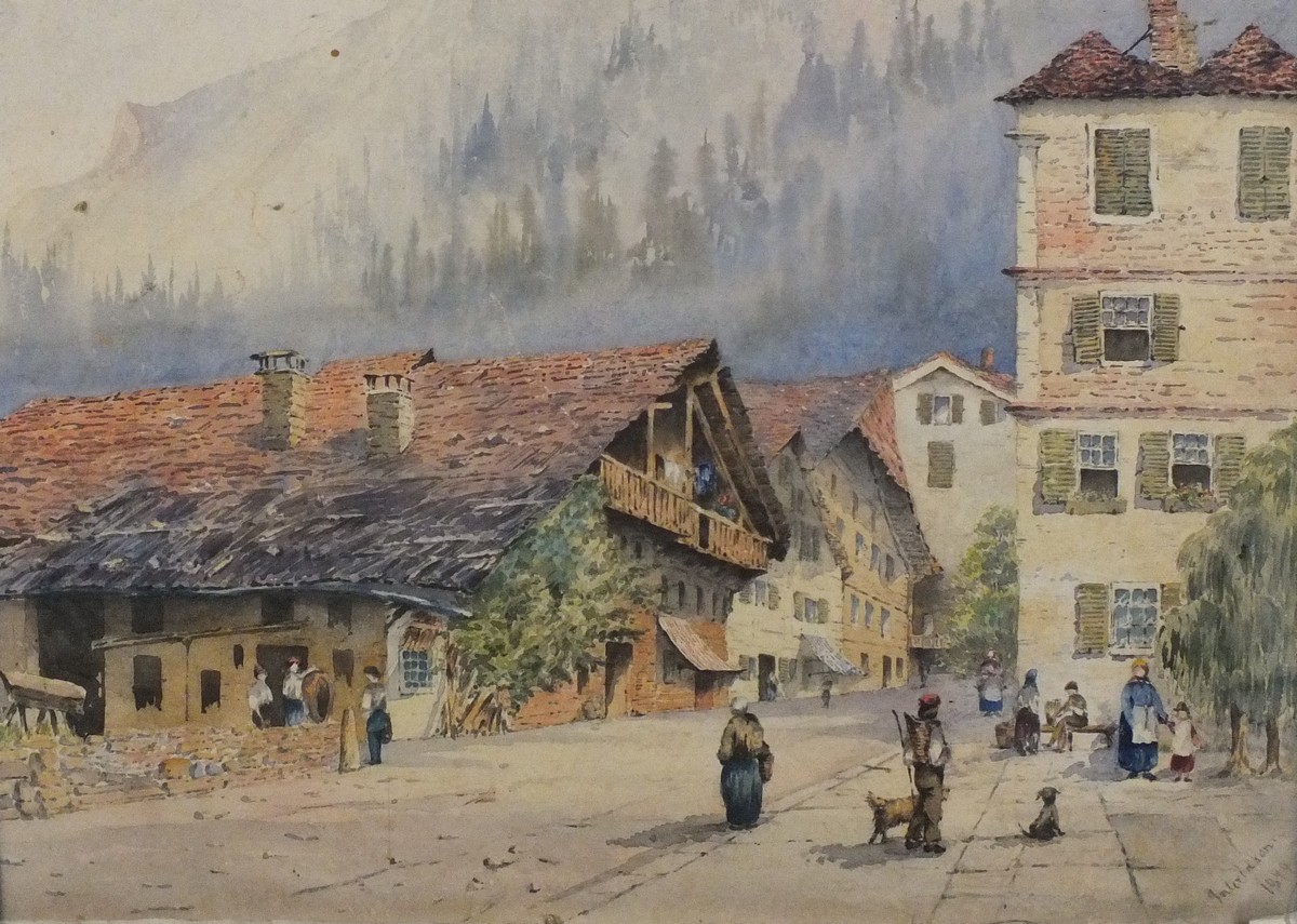 19th Century Continental School, Interlaken Street Scene, Watercolour, Titled and dated 1879 lower