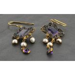 Drop earrings with a large square amethyst, amethysts diamonds and pearls