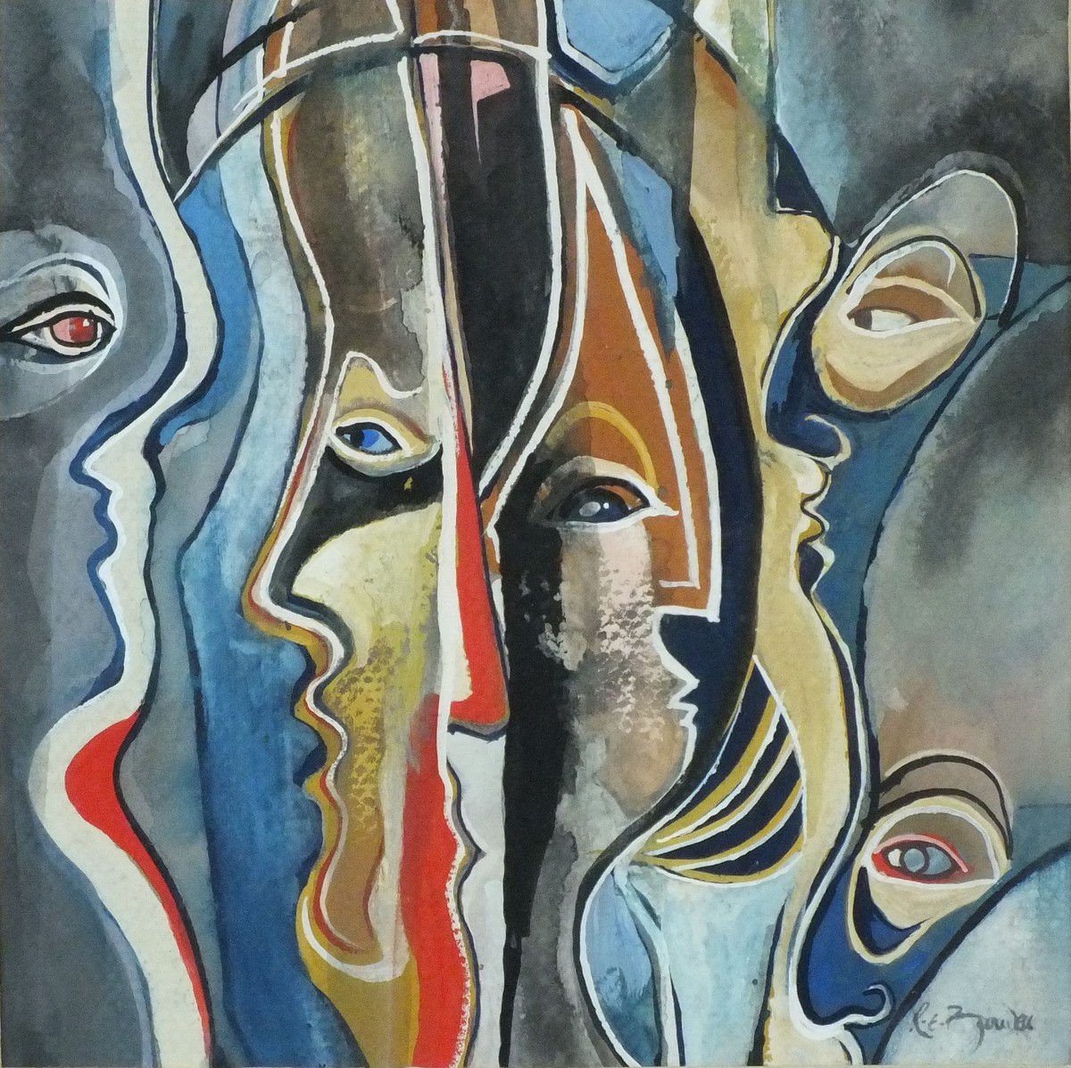 R E Z*** (20th Century) Abstract Heads, Gouache, Signed and dated 86 lower right, 7" x 7" (18cm x